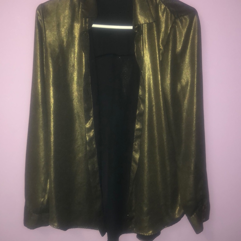 Olive Green Metallic Button Down Blouse